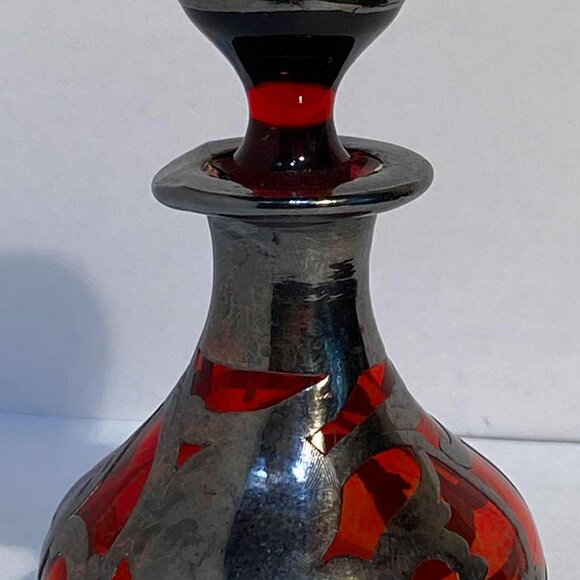 Source Unknown Other - Art Nouveau Cranberry Red Glass Sterling Silver Overlay Vintage Perfume Bottle